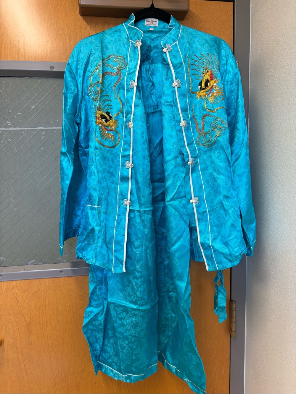 Vintage Embroidered Trade Mark Japanese Silk Pajamas Set Medium W/ Tabi Socks